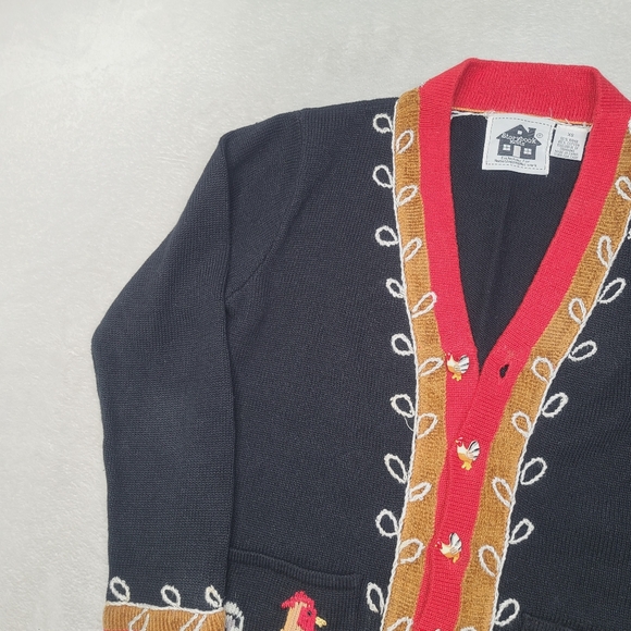 Vintage 90s STORYBOOK KNITS Rooster Cottage Cardigan Sweater Womens XS Black - Picture 9 of 11